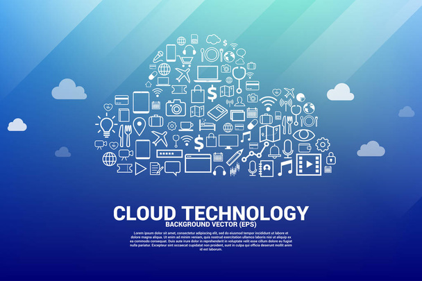 Технологія хмарних обчислень у формі мережевих технологій з корисною функціональною піктограмою. Концепція хмарного сервера, зберігання та даних
 - Вектор, зображення
