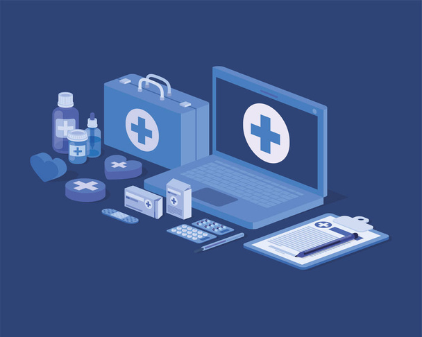 servicio de telemedicina portátil con kit médico y medicamentos
 - Vector, Imagen