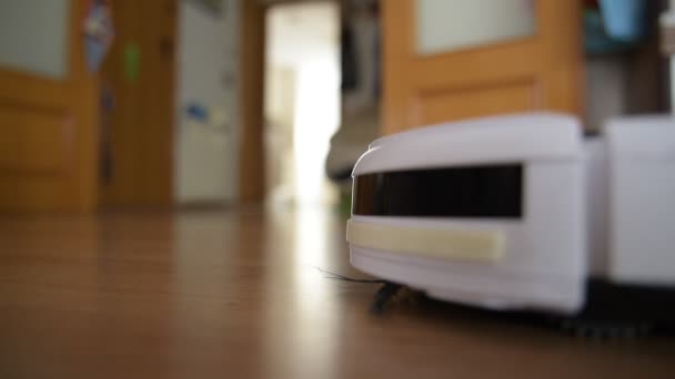 Robot stofzuiger reiniging van de vloer van een huis, uitzicht op de begane grond gedeconcentreerde - Video