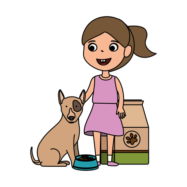 Cute Little Girl z Puppy i worek żywności - Wektor, obraz
