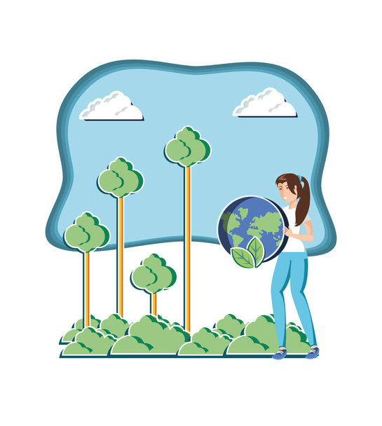 young woman with world in eco friendly scene - Vector, Image