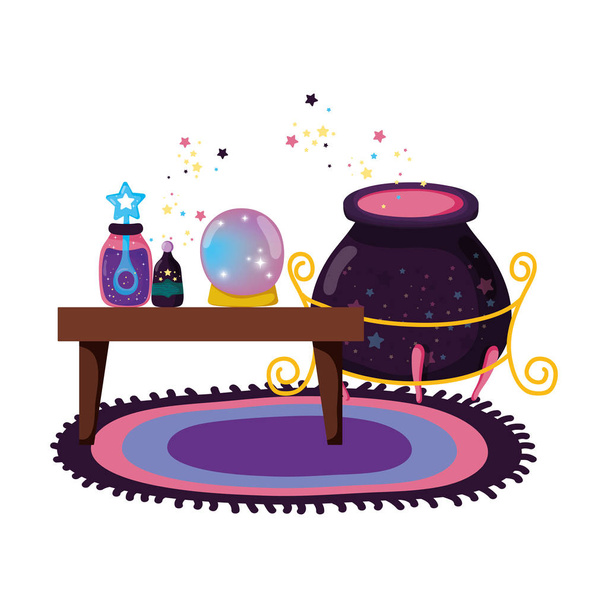 魔術のアイテムと大鍋とテーブル木製 - ベクター画像