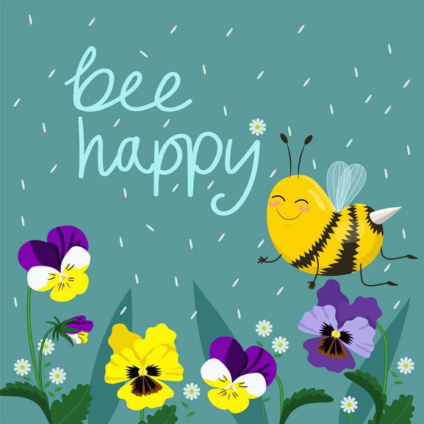 Boldog Bee Vector illusztráció. Kézi betűkkel ellátott szöveg a méhek. Vektorképeslap - Vektor, kép