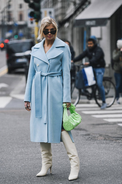 Milan, Italy - February 23, 2019: Street style Influencer Xenia Adonts after a fashion show during Milan Fashion Week - MFWFW19 - Zdjęcie, obraz