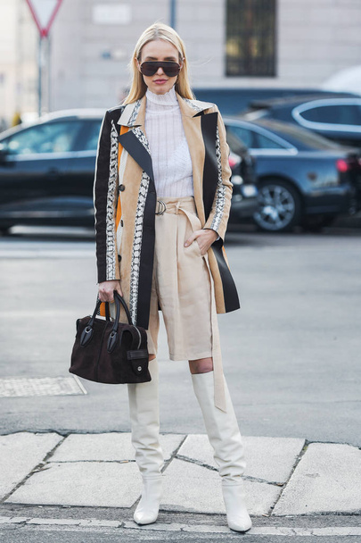 Milan, Italy - February 22, 2019: Street style Influencer Leonie Hanne before a fashion show during Milan Fashion Week - MFWFW19 - Zdjęcie, obraz