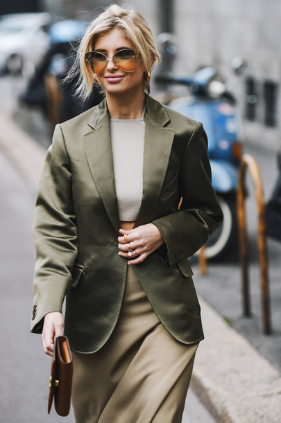 Milan, Italy - February 23, 2019: Street style Influencer Xenia Adonts before a fashion show during Milan Fashion Week - MFWFW19 - 写真・画像