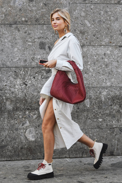 Milan, Italy - February 21, 2019: Street style Lifestyle blogger Xenia Adonts before a fashion show during Milan Fashion Week - MFWFW19 - Photo, Image