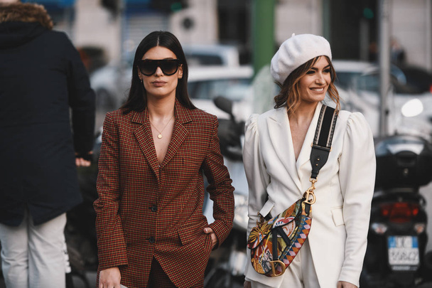 Milan, Italy - February 20, 2019: Street style outfit after a fashion show during Milan Fashion Week - MFWFW19 - 写真・画像