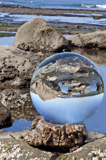 Crystal Glass Ball Sphere Reveals Seaside Rocky Landscape on Oregon Coast - Photo, Image