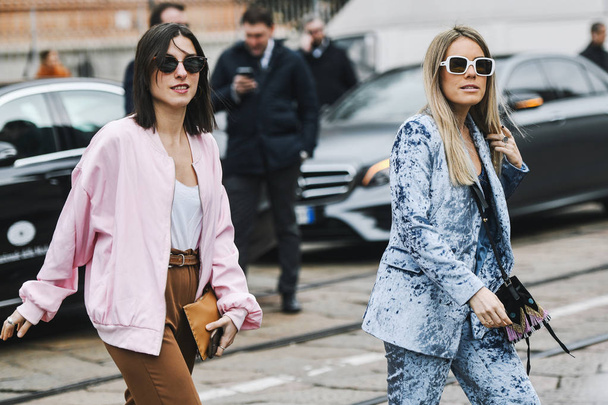 Milan, Italy - February 23, 2019: Street style Outfits before a fashion show during Milan Fashion Week - MFWFW19 - Fotó, kép