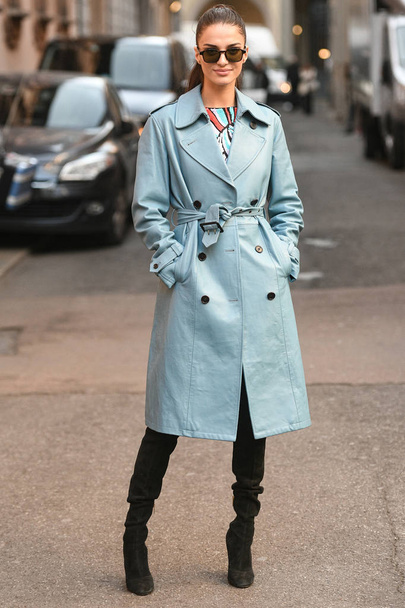 Milan, Italy - February 21, 2019: Street style Outfit after a fashion show during Milan Fashion Week - MFWFW19 - Zdjęcie, obraz