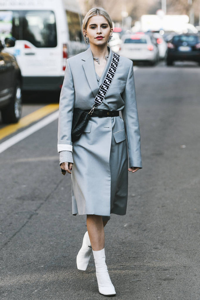 Milan, Italy - February 21, 2019: Street style - Influencer Caroline Daur after a fashion show during Milan Fashion Week - MFWFW19 - 写真・画像