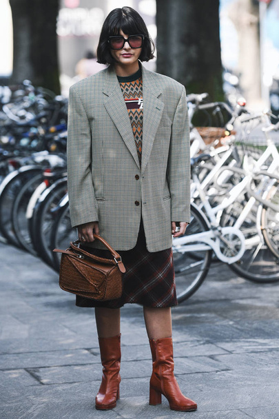 Milan, Italy - February 21, 2019: Street style Influencer Maria Bernad after a fashion show during Milan Fashion Week - MFWFW19 - 写真・画像