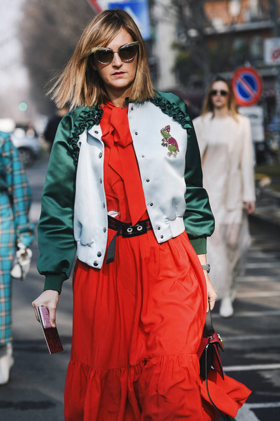 Milan, Italy - February 21, 2019: Street style Outfit before a fashion show during Milan Fashion Week - MFWFW19 - Photo, Image