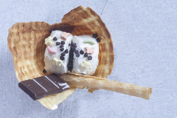 Delicious waffle with ice-cream. Summer food concept. Top view of yummy ice cream - Φωτογραφία, εικόνα