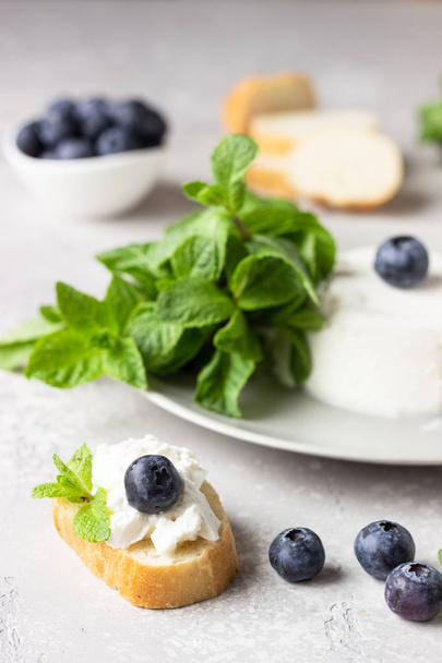 Italian ricotta cheese on grey plate with fresh blueberries and mint on light grey background. Selective focus, copy space.  - Fotó, kép