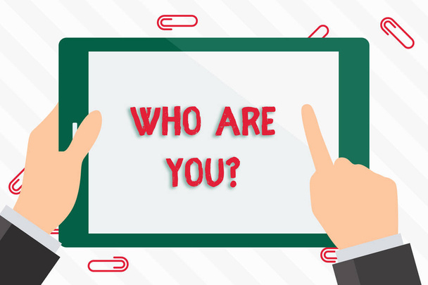Text sign showing Who Are You Question. Conceptual photo asking about someone identity or demonstratingal information Businessman Hand Holding, Pointing and Touching Colorful Tablet Blank Screen. - Fotó, kép
