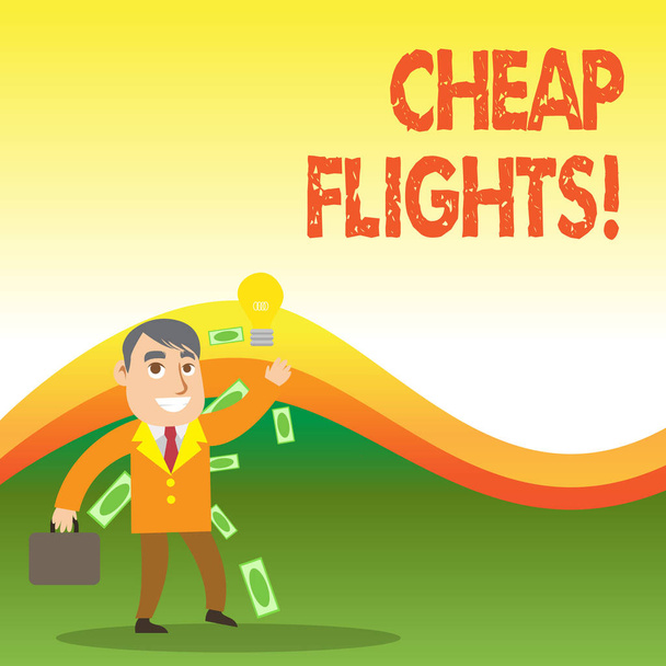 Ucuz Uçuşları gösteren metin işareti. Kavramsal fotoğraf az para veya normal veya beklenen uçak bileti daha az maliyet. - Fotoğraf, Görsel