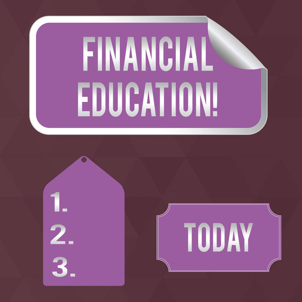 Writing note showing Financial Education. Business photo showcasing education and understanding of various financial areas Color Label Self Adhesive Sticker with Border Corner and Tag. - Photo, Image