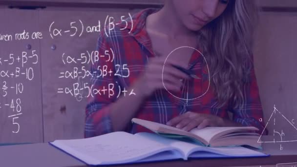 Digital composite of a female Caucasian student studying while mathematical equations moving in the screen - Imágenes, Vídeo