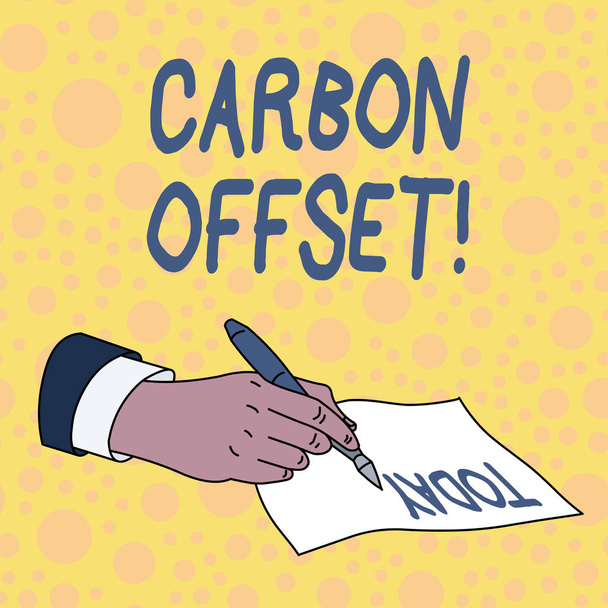 Käsiala teksti Carbon Offset. Käsitteellä tarkoitetaan hiilidioksidi- tai muiden kaasupäästöjen vähentämistä
. - Valokuva, kuva