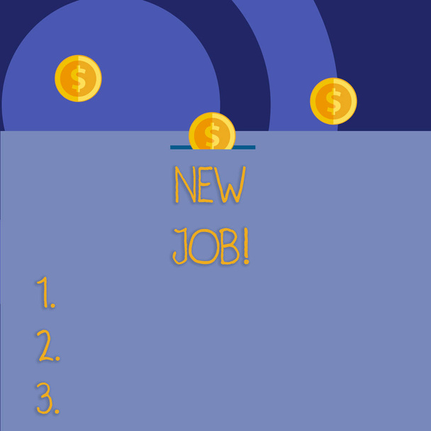 Tekst pisania słów New Job. Koncepcja biznesowa dotycząca ostatnio płatnej pozycji stałego zatrudnienia. - Zdjęcie, obraz
