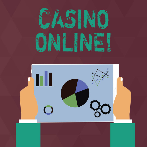 Handwriting text writing Casino Online. Concept meaning gamblers can play and wager on casino games through online Hands Holding Tablet with Search Engine Optimization Driver Icons on Screen. - Photo, Image