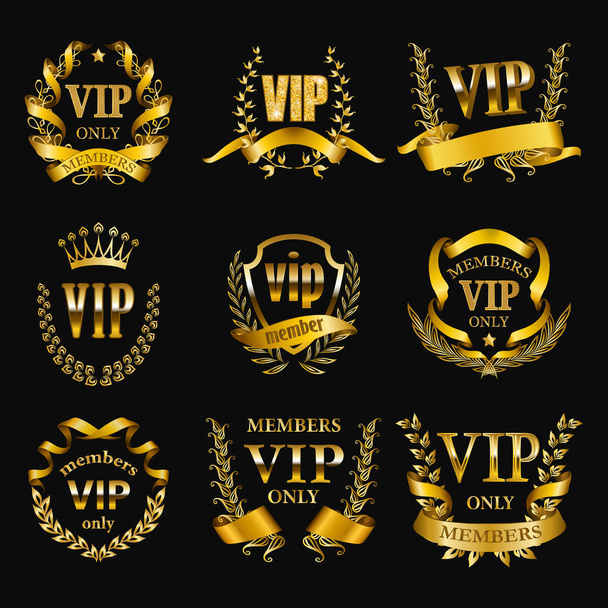 Set of gold vip monograms for graphic design on black background. - Vector, Image