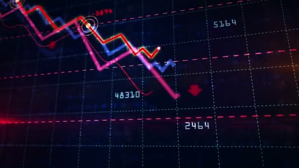 Stock markets down dynamic chart on dynamic blue background. Concept of financial stagnation, recession, crisis, business crash and economic collapse. Downward trend 3d animation. - Footage, Video