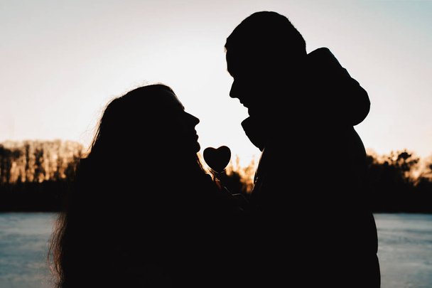 Silhouette of a lovely couple against the background of the lake and evening sky in the park. - Photo, Image