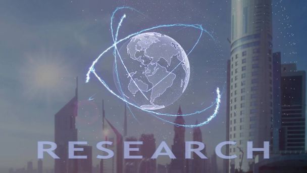 Texto de pesquisa com holograma 3d do planeta Terra contra o pano de fundo da metrópole moderna
 - Foto, Imagem
