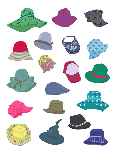 Zestaw letnich kapeluszy, ładne nakrycia głowy na plażę, wakacje i codzienne życie, izolowane na białym tle - Wektor, obraz