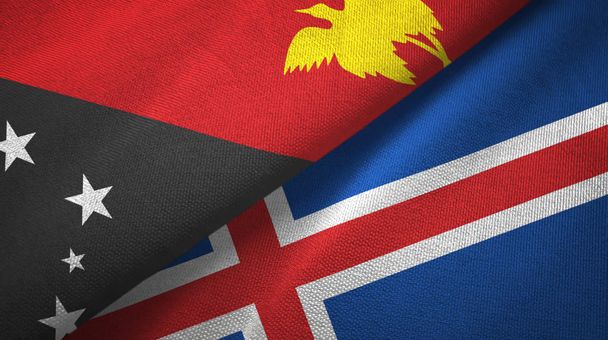 Papua Yeni Gine ve İzlanda iki bayraklar tekstil kumaş, kumaş doku - Fotoğraf, Görsel