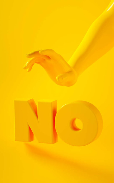 3D-Darstellung der gelben Hand. Körperteile des Menschen. Konzeptszene für Grafikdesign-Projekte. glänzender Kunststoff, glänzend. vertikale Orientierungsszene. Modernes Konzept Social Media Template - Foto, Bild