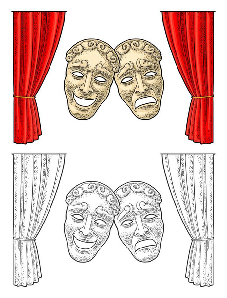 Komedi ve trajedi tiyatro maskeleri. Vektör gravür vintage renk illüstrasyon - Vektör, Görsel