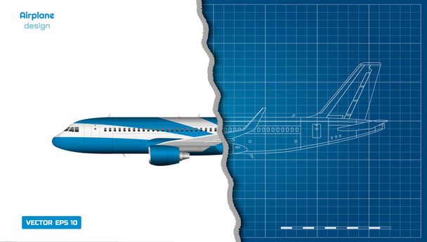 Aircraft in outline style. Blueprint of civil plane. Side view of airplane. Industrial 3d drawing. Jet engine on blue background - Vector, Image