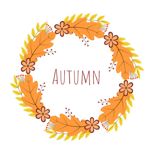 Wreath of colorful autumn leaves, berries and flowers. Fall them - Vector, Imagen