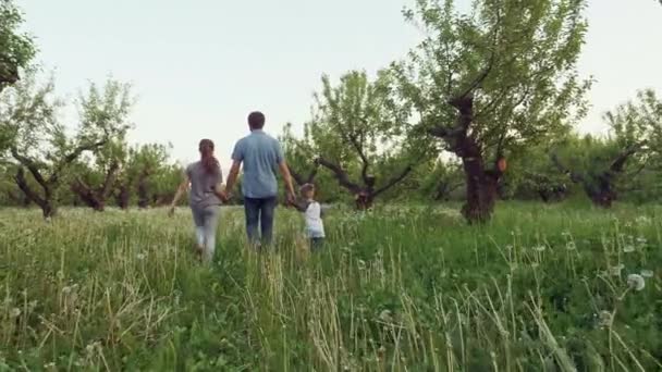 Ευτυχισμένη νέα οικογένεια των τριών βόλτες στον κήπο - Πλάνα, βίντεο