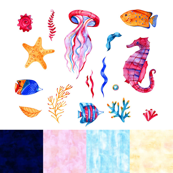 Nautical elements, sea life, fish, seahorse, starfish, coral, algae. Watercolor illustration, isolated on white background - Photo, image