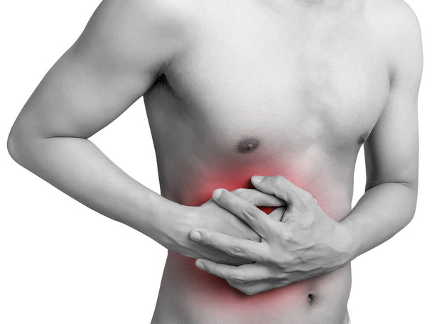 Mann Magen unter Bauchschmerzen oder Gastroenterologe leiden. Konzept mit Gesundheitswesen und Medizin. Schmerzen in roter Farbe. isolieren auf weißem Hintergrund - Foto, Bild