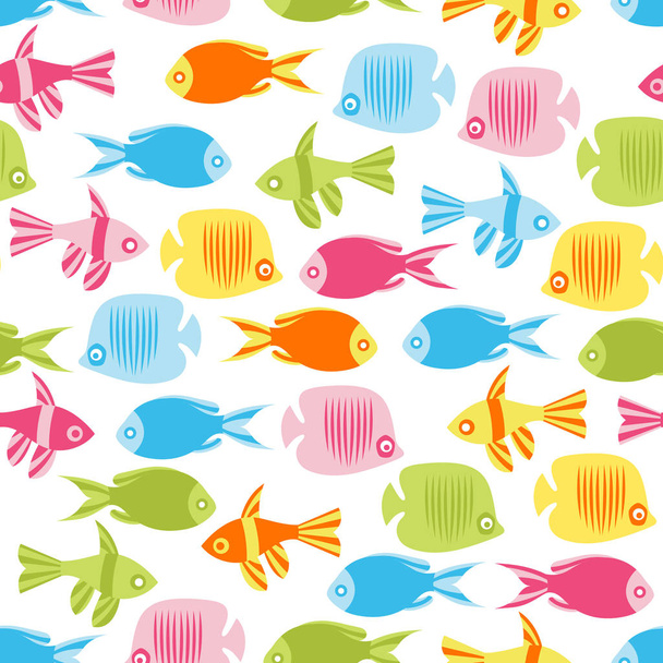 Vector seamless pattern with multicolor decorative ocean fishes. Funny under sea background - Vetor, Imagem