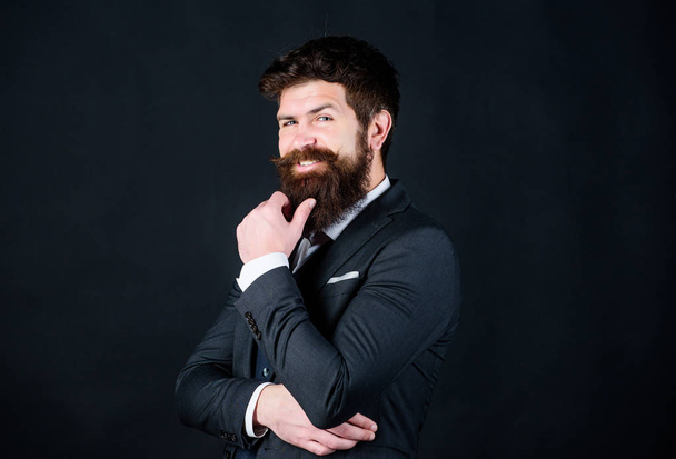 Fashion concept. Guy wear formal outfit. Businessman fashionable outfit black background. Impeccable style. Man bearded guy wear suit outfit. Perfect elegant tuxedo outfit. Elegancy and male style - Foto, immagini