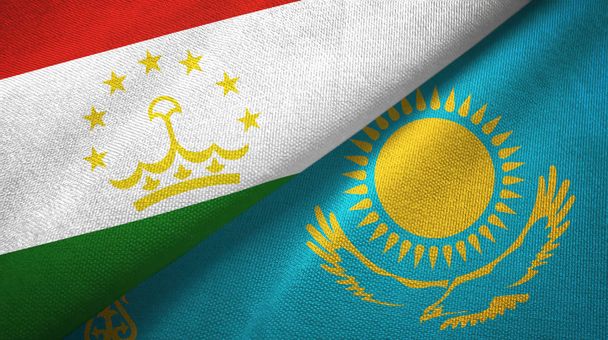 タジキスタンとカザフスタンの2つの旗織物布、生地の質感 - 写真・画像