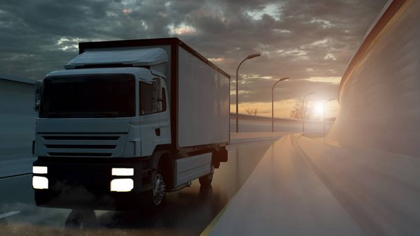 不吉な曇りの空の下で明るいオレンジ色の日焼けによって日没時に高速道路を運転する配達トラック。3D レンダリング - 写真・画像