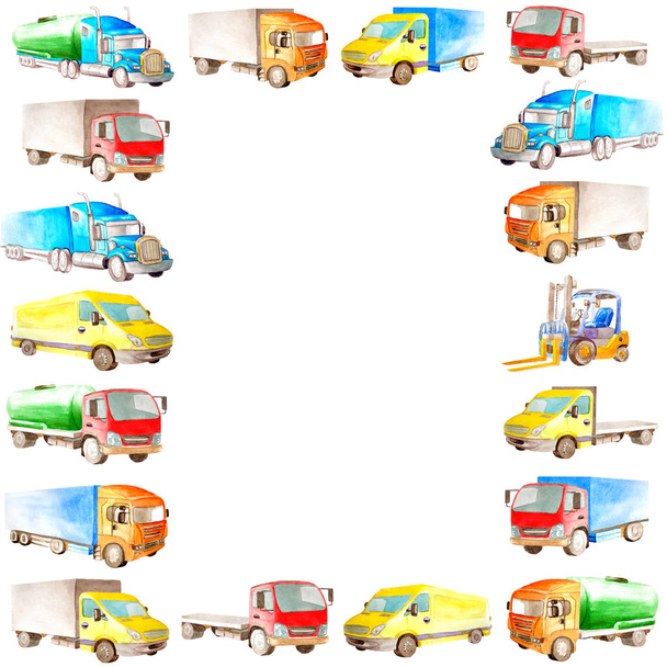 水彩漫画の貨物車両、輸送、トラックやキャリアのフレーム境界中央に白いコピースペースを持つ。垂直. - 写真・画像