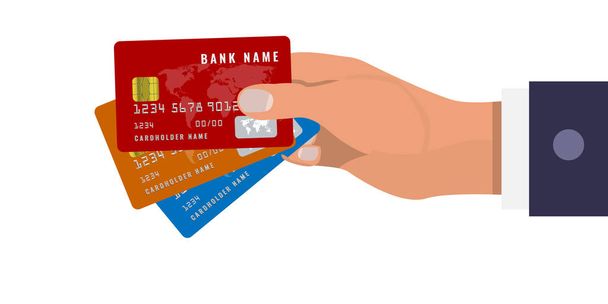 Το χέρι κρατά τρεις πιστωτικές κάρτες σε τρία διαφορετικά χρώματα. Κόκκινα, πορτοκαλί και μπλε χρώματα. Απεικόνιση διανυσματικών φορέων. - Διάνυσμα, εικόνα