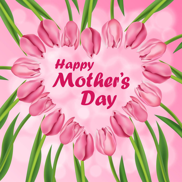 mother's day card with pink tulip heart - Vektör, Görsel