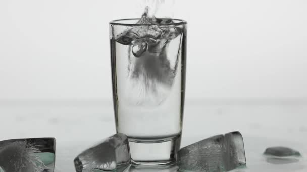 Een shot van wodka in drinkglas gieten. Slow Motion. Witte achtergrond - Video