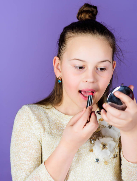 Art of makeup. Femininity concept. Salon and beauty treatment. Makeup store. Child little girl make up face close up. Pretty girl. Fashion and style. Creativity is best makeup skill. Make up school - Foto, Imagen