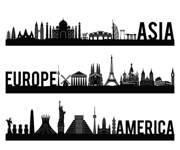 Azië Europa en Amerika continent beroemde Landmark silhouet sty - Vector, afbeelding